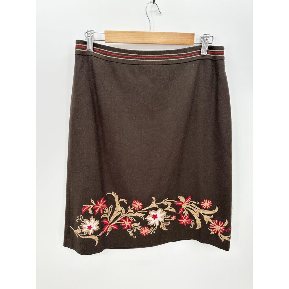 Ann Taylor Loft Womens Brown Floral Embroidered Skirt Wool Rayon Modest SIze 10
